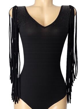 Black Fringe Beaded Bodysuit | Stretchy XS-S